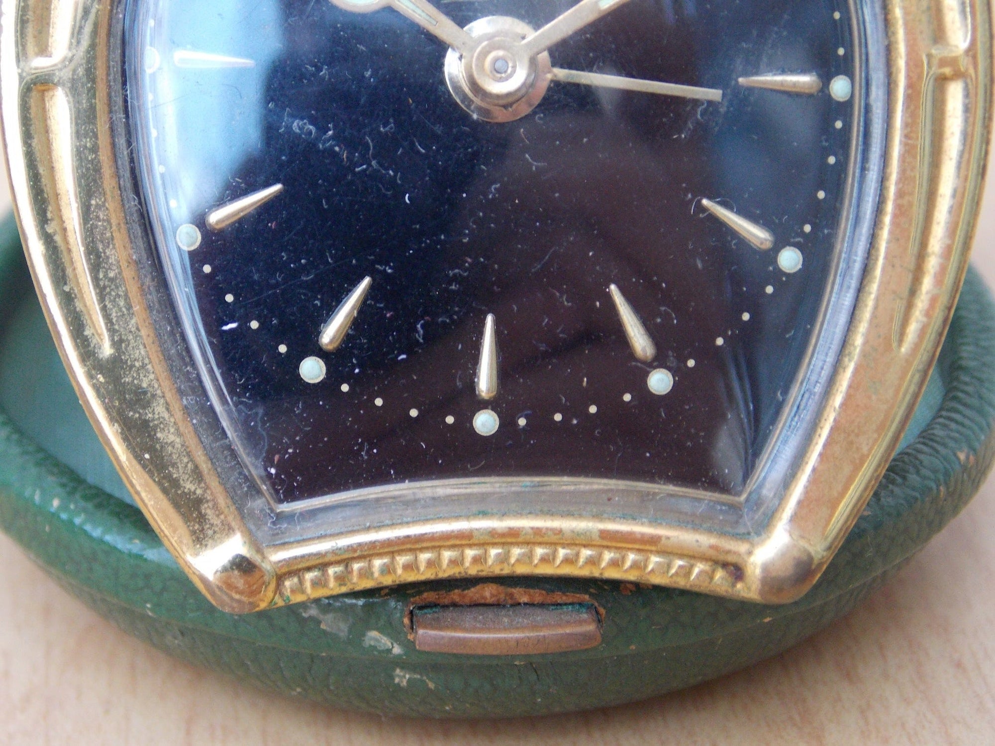 I Like Mike's Mid Century Modern Clock Small Kenzle Brass Green Horseshoe Travel Clock, Wind Up