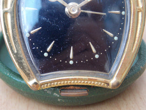 I Like Mike's Mid Century Modern Clock Small Kenzle Brass Green Horseshoe Travel Clock, Wind Up