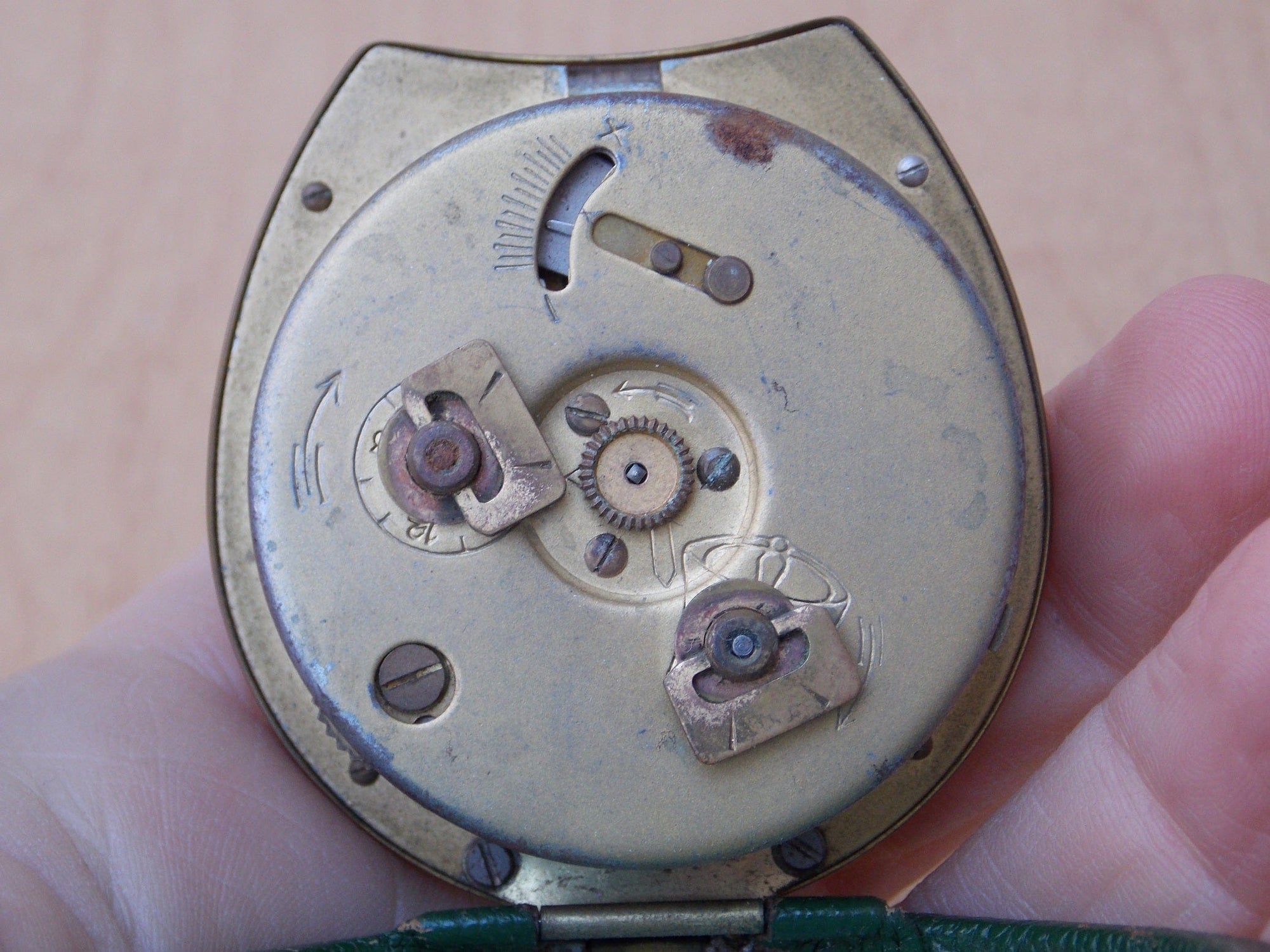 I Like Mike's Mid Century Modern Clock Small Kenzle Brass Green Horseshoe Travel Clock, Wind Up