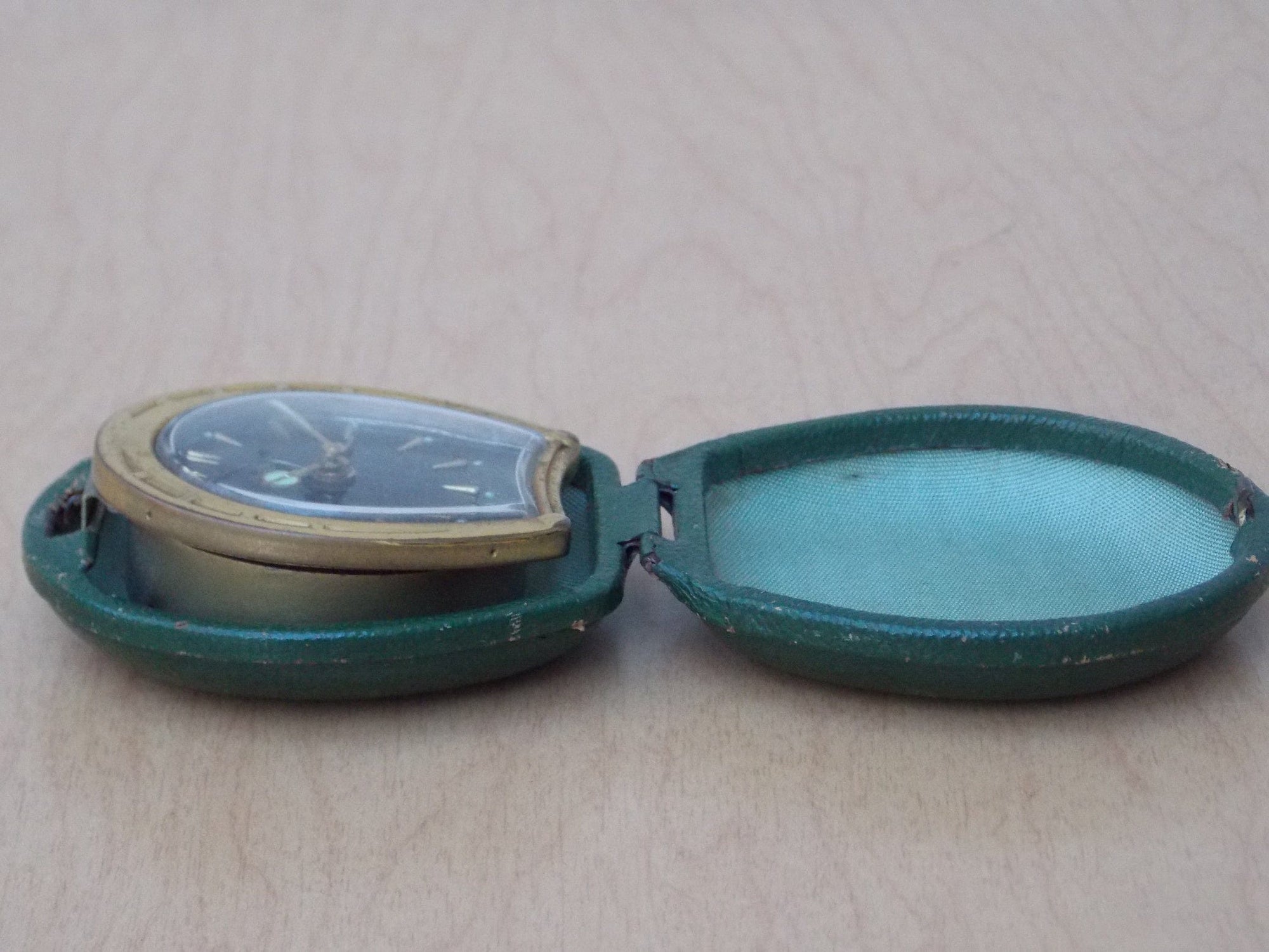 I Like Mike's Mid Century Modern Clock Small Kenzle Brass Green Horseshoe Travel Clock, Wind Up
