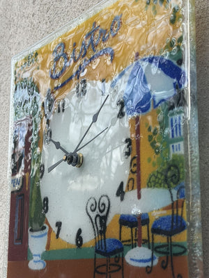 I Like Mike's Mid Century Modern Clock Square Fused Glass Wall Clock with Colorful Bistro Scene