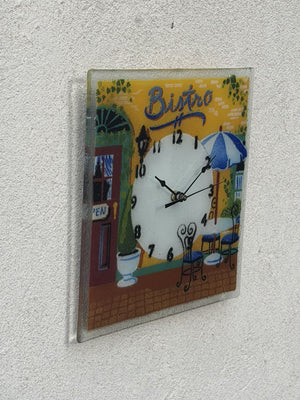 I Like Mike's Mid Century Modern Clock Square Fused Glass Wall Clock with Colorful Bistro Scene