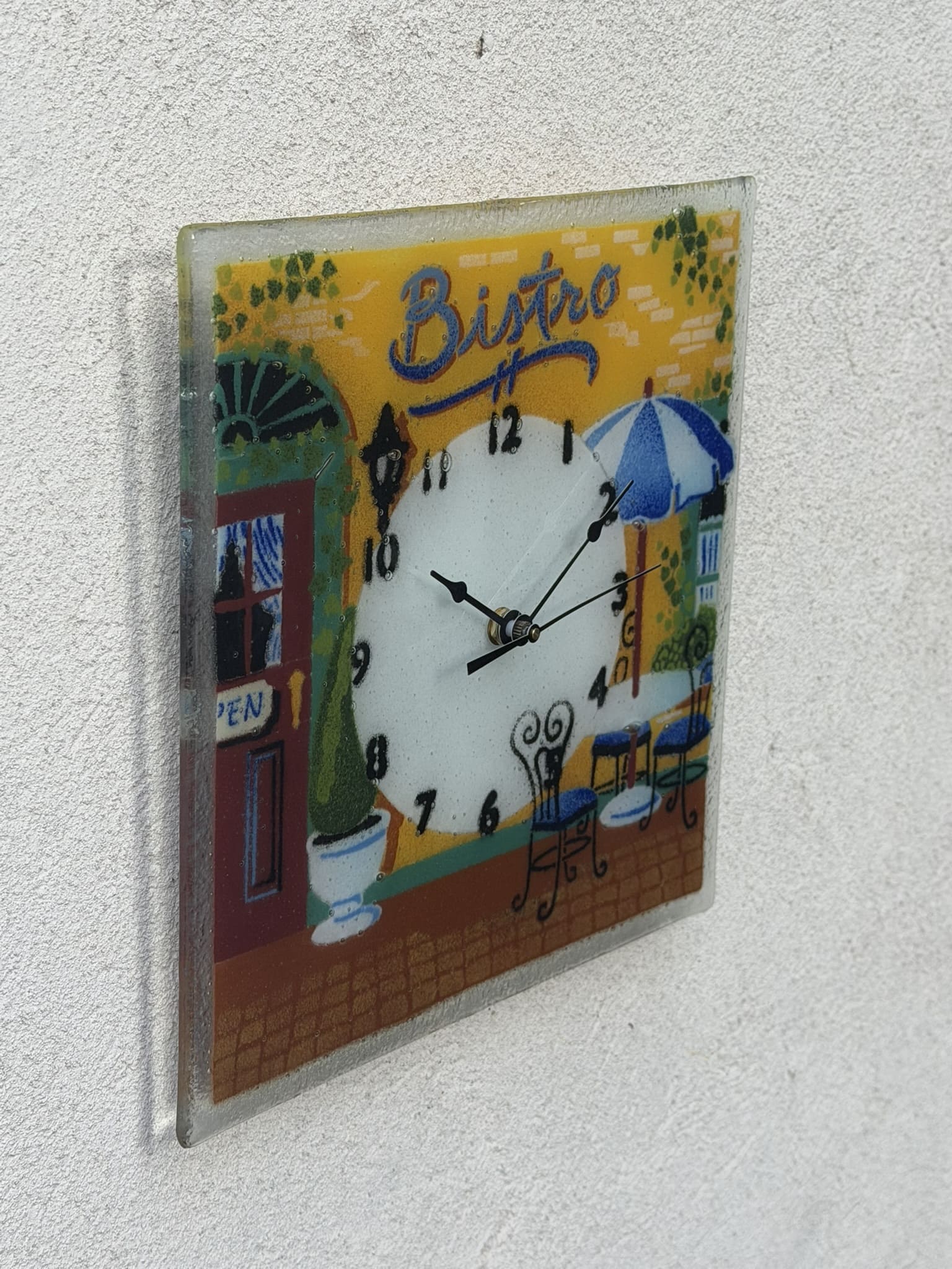 I Like Mike's Mid Century Modern Clock Square Fused Glass Wall Clock with Colorful Bistro Scene