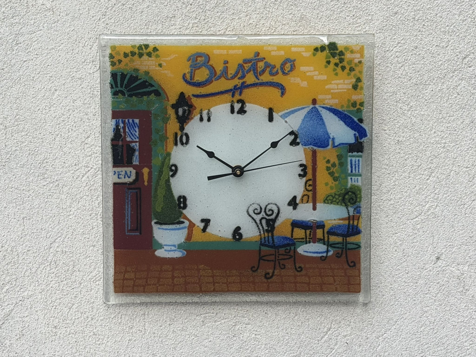 I Like Mike's Mid Century Modern Clock Square Fused Glass Wall Clock with Colorful Bistro Scene