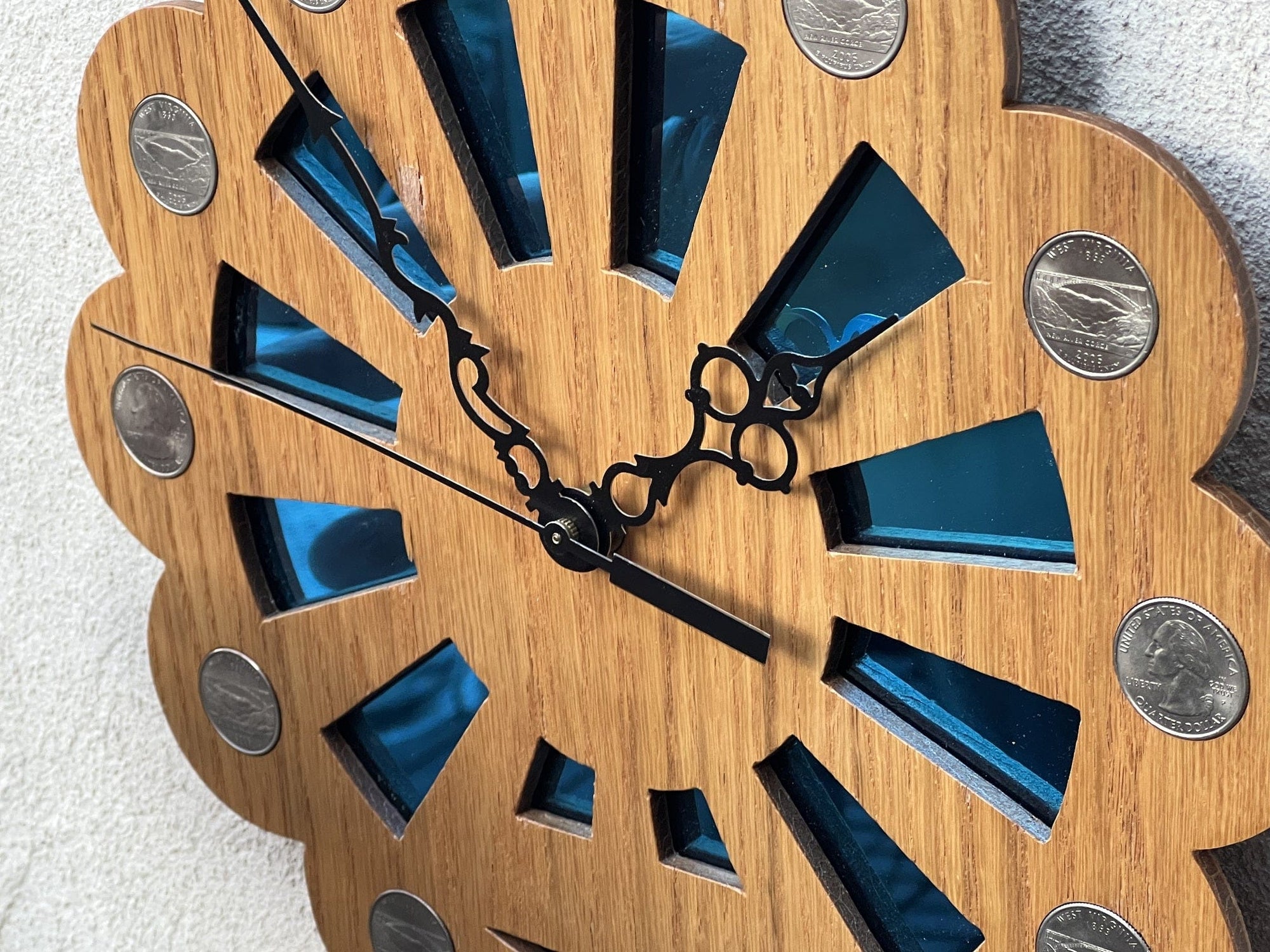 I Like Mike's Mid Century Modern clock Starburst Wood Quartz Wall Clock Featuring West Virginia Quarters