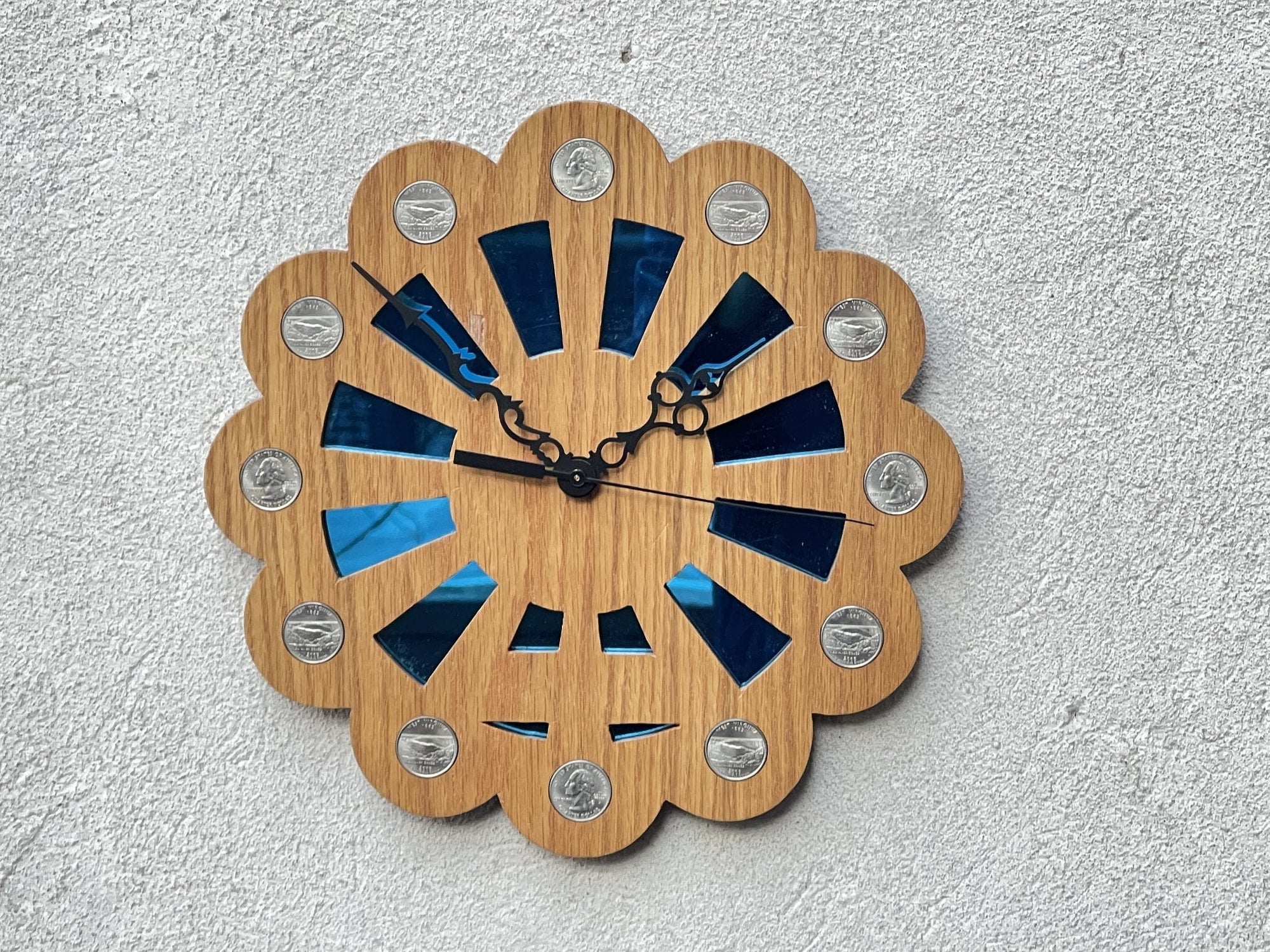 I Like Mike's Mid Century Modern clock Starburst Wood Quartz Wall Clock Featuring West Virginia Quarters