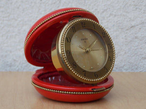 I Like Mike's Mid Century Modern Clock Swiza 8-Day Brass Red Leather Round Travel Clock, Wind Up