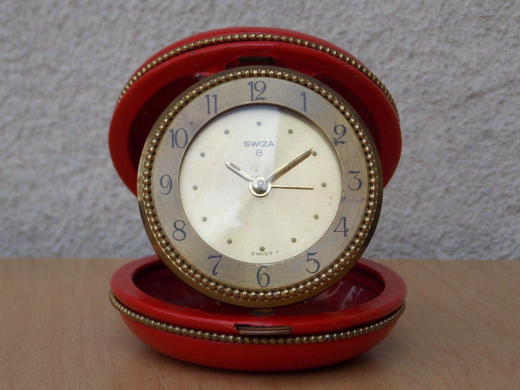 I Like Mike's Mid Century Modern Clock Swiza 8-Day Brass Red Leather Round Travel Clock, Wind Up