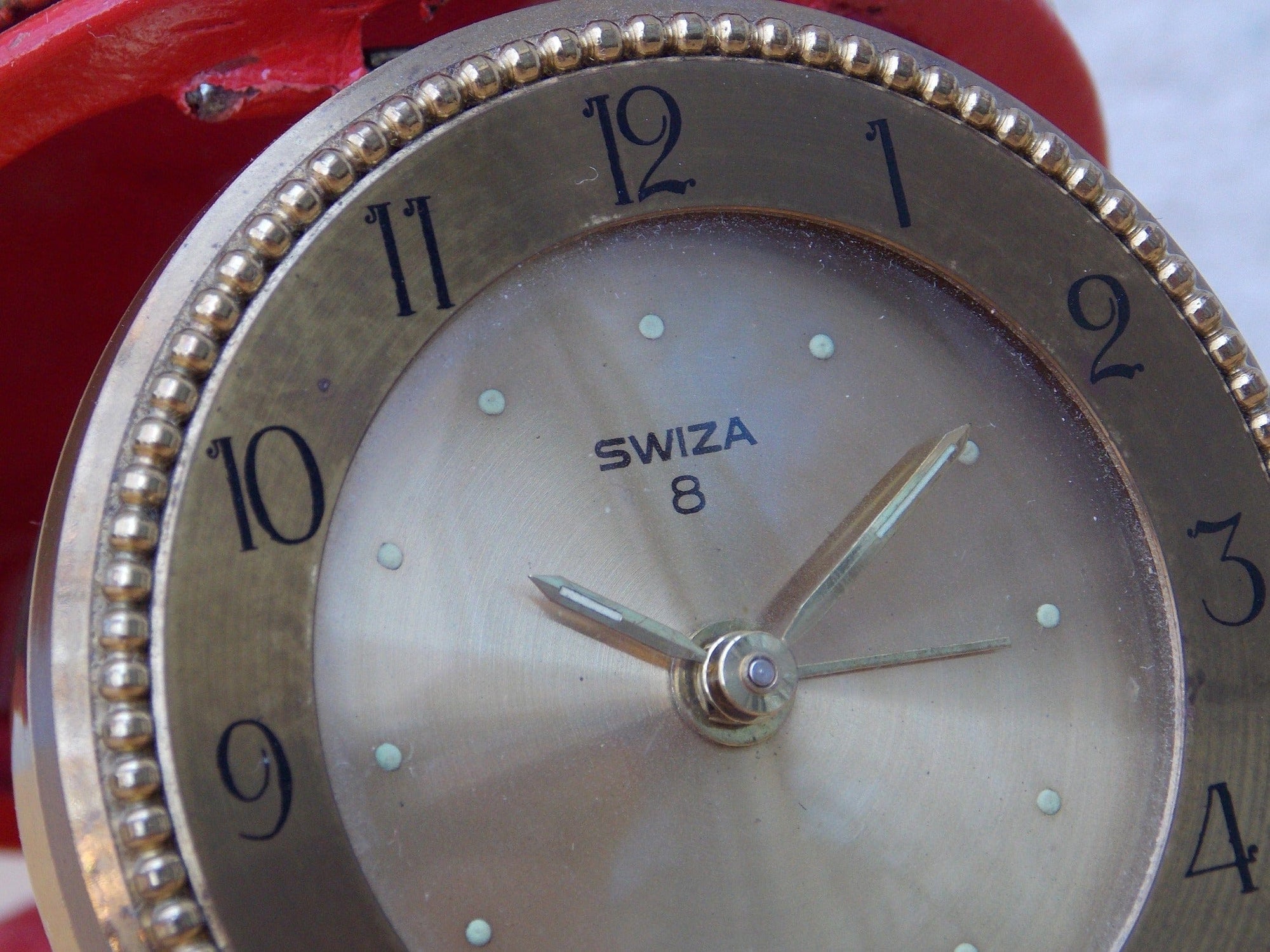 I Like Mike's Mid Century Modern Clock Swiza 8-Day Brass Red Leather Round Travel Clock, Wind Up