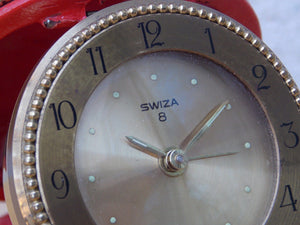 I Like Mike's Mid Century Modern Clock Swiza 8-Day Brass Red Leather Round Travel Clock, Wind Up