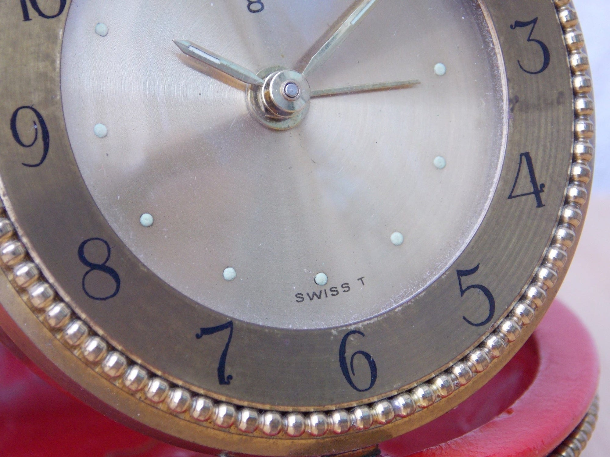I Like Mike's Mid Century Modern Clock Swiza 8-Day Brass Red Leather Round Travel Clock, Wind Up