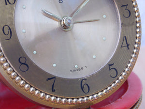 I Like Mike's Mid Century Modern Clock Swiza 8-Day Brass Red Leather Round Travel Clock, Wind Up