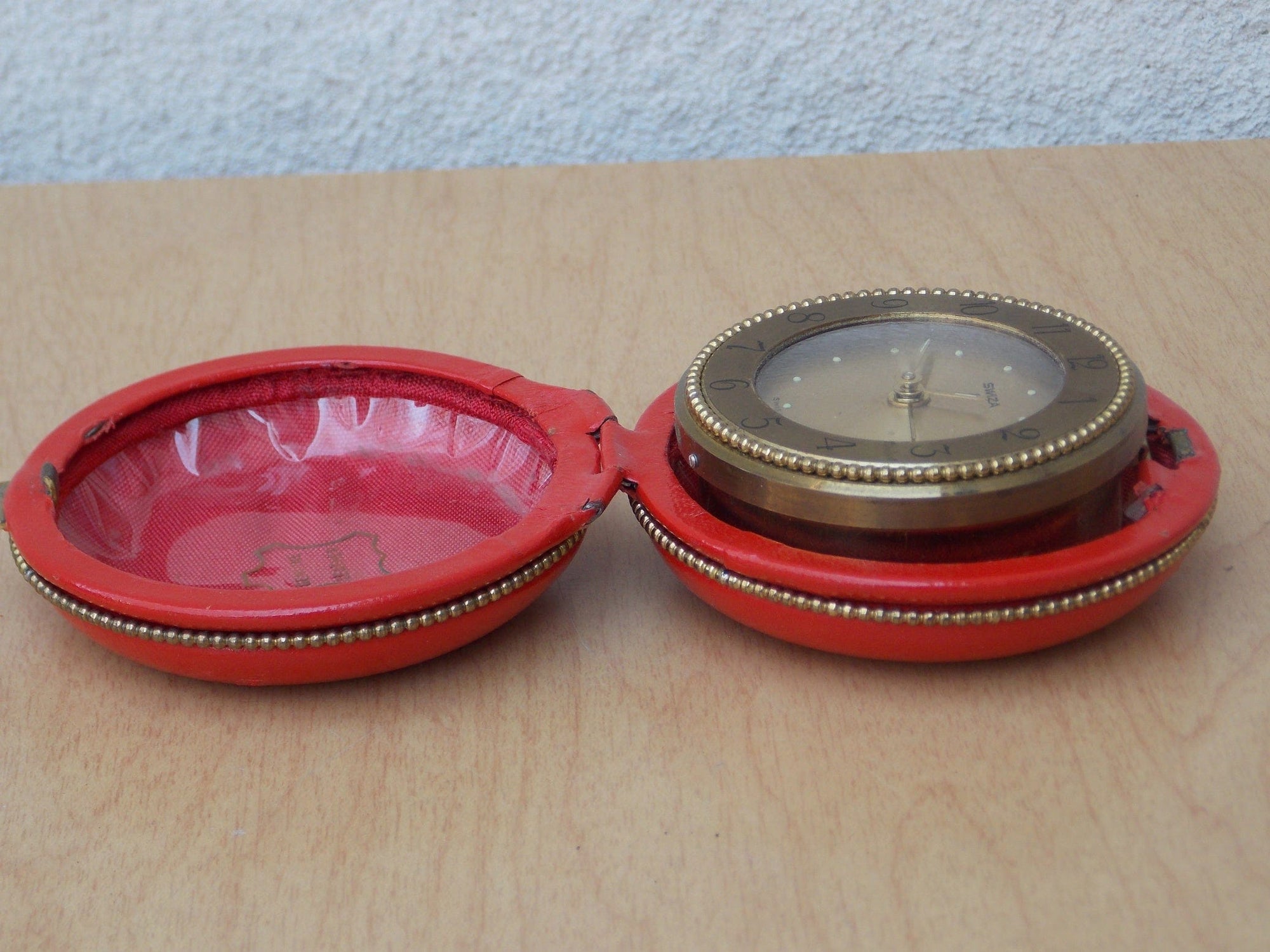 I Like Mike's Mid Century Modern Clock Swiza 8-Day Brass Red Leather Round Travel Clock, Wind Up