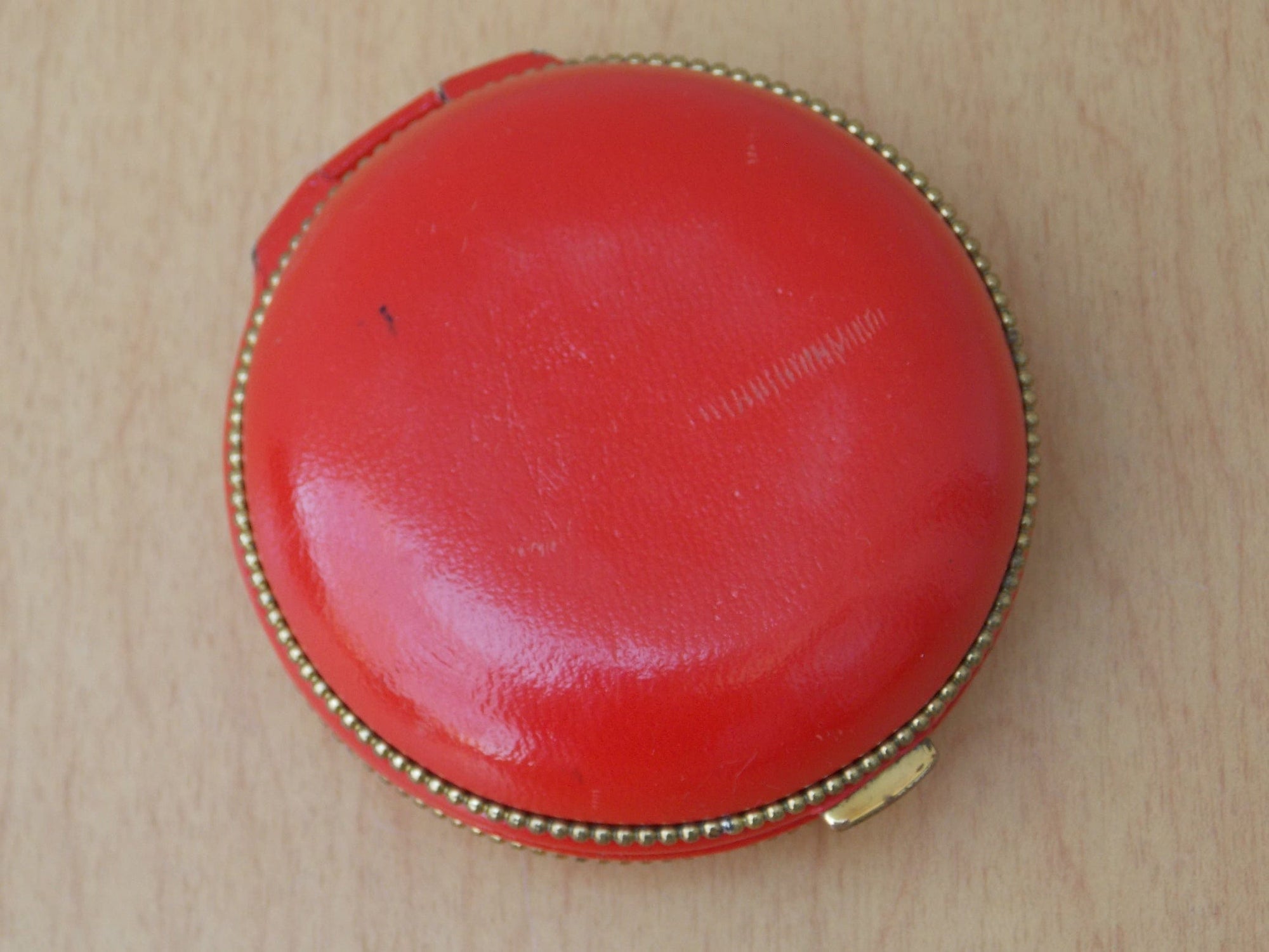 I Like Mike's Mid Century Modern Clock Swiza 8-Day Brass Red Leather Round Travel Clock, Wind Up