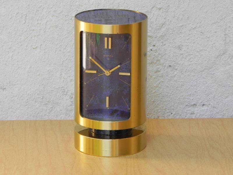 I Like Mike's Mid Century Modern Clock Swiza Brass Cylinder 8-Day Alarm Clock Blue Face