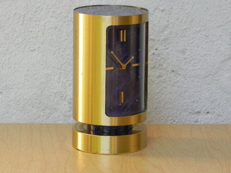 I Like Mike's Mid Century Modern Clock Swiza Brass Cylinder 8-Day Alarm Clock Blue Face
