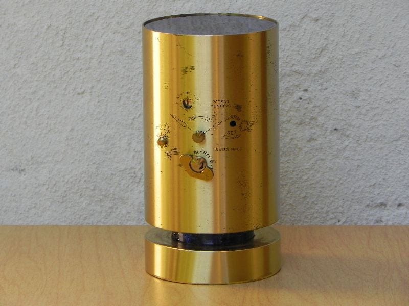 I Like Mike's Mid Century Modern Clock Swiza Brass Cylinder 8-Day Alarm Clock Blue Face