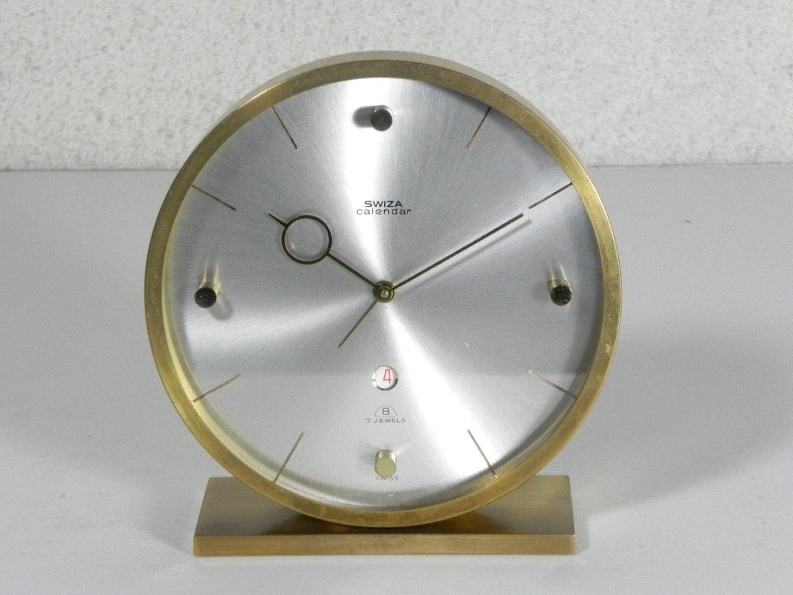 I Like Mike's Mid Century Modern Clock Swiza Modern Round Brass Desk Clock with Calendar, 8-Day Wind Up, Alarm