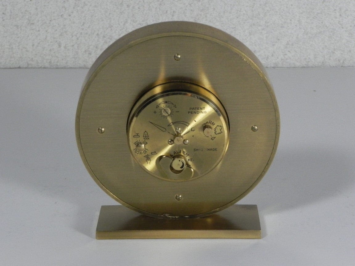 I Like Mike's Mid Century Modern Clock Swiza Modern Round Brass Desk Clock with Calendar, 8-Day Wind Up, Alarm