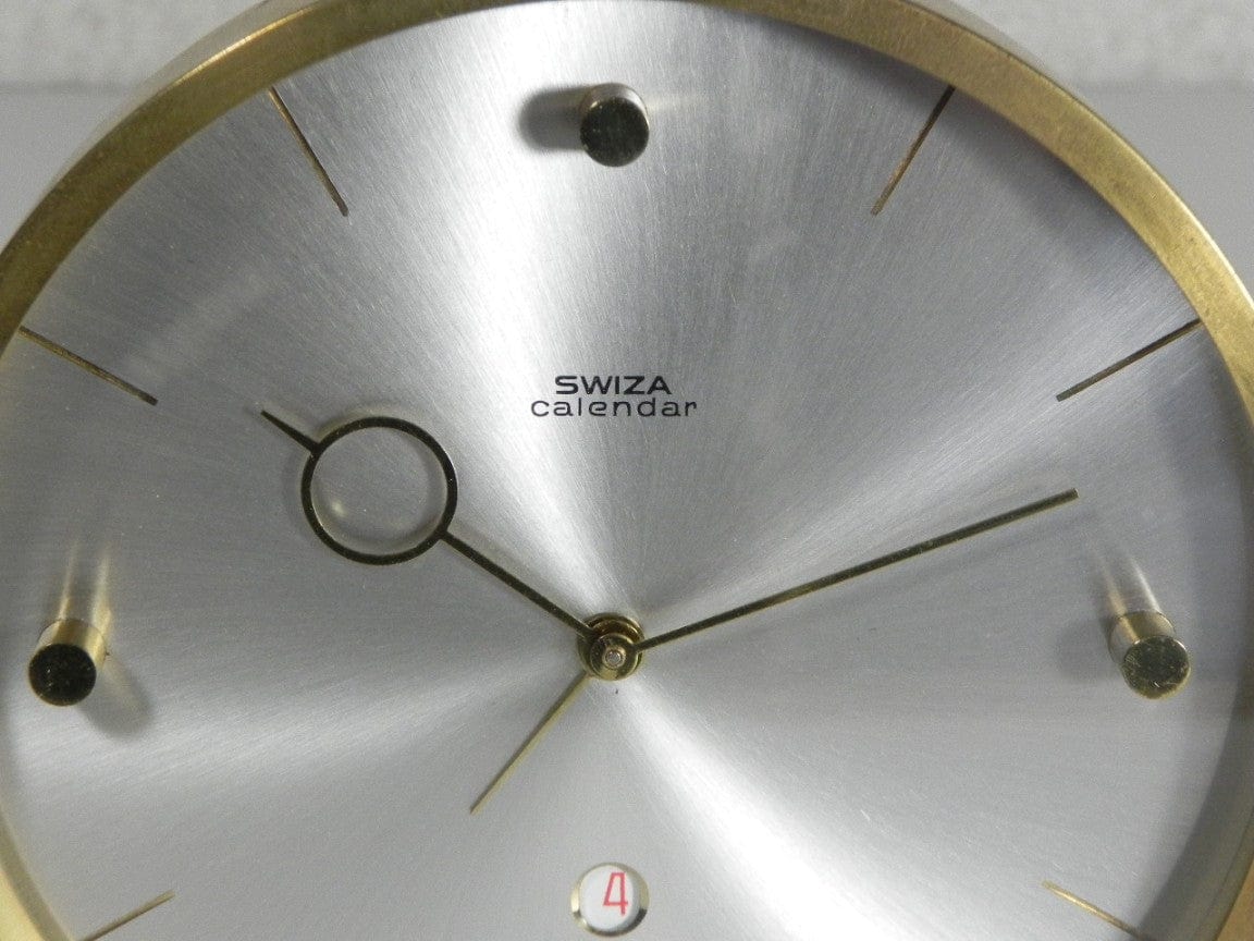 I Like Mike's Mid Century Modern Clock Swiza Modern Round Brass Desk Clock with Calendar, 8-Day Wind Up, Alarm