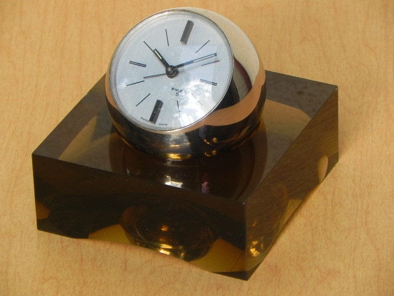 I Like Mike's Mid-Century Modern Clock Swiza Rare Chrome Ball Clock in Smoked Lucite Base
