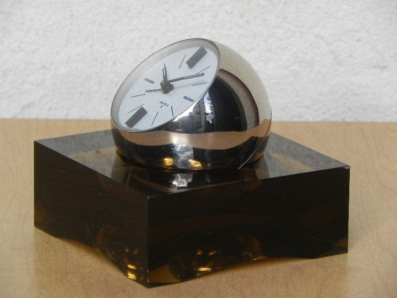 I Like Mike's Mid-Century Modern Clock Swiza Rare Chrome Ball Clock in Smoked Lucite Base