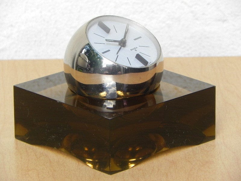 I Like Mike's Mid-Century Modern Clock Swiza Rare Chrome Ball Clock in Smoked Lucite Base
