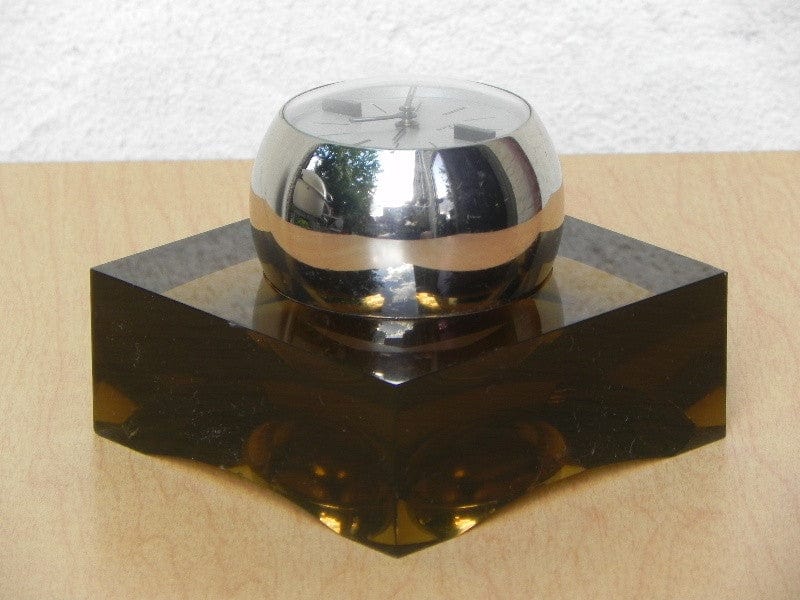 I Like Mike's Mid-Century Modern Clock Swiza Rare Chrome Ball Clock in Smoked Lucite Base