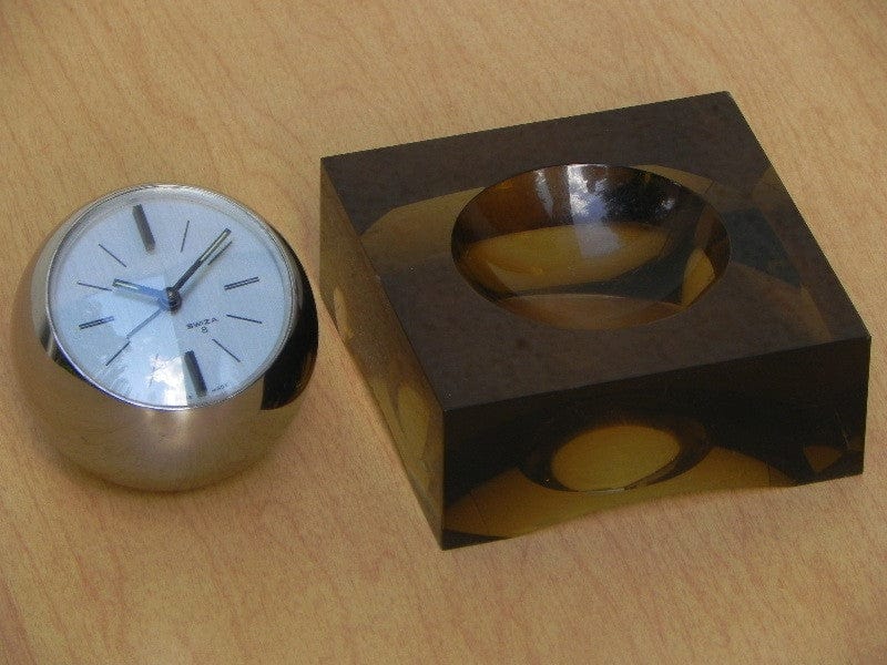 I Like Mike's Mid-Century Modern Clock Swiza Rare Chrome Ball Clock in Smoked Lucite Base
