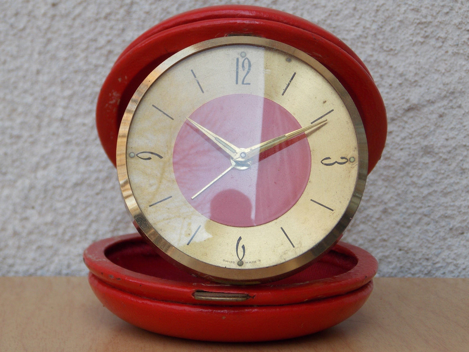 I Like Mike's Mid Century Modern Clock Swiza Sheifield Brass Red Leather Round Travel Clock, Wind Up
