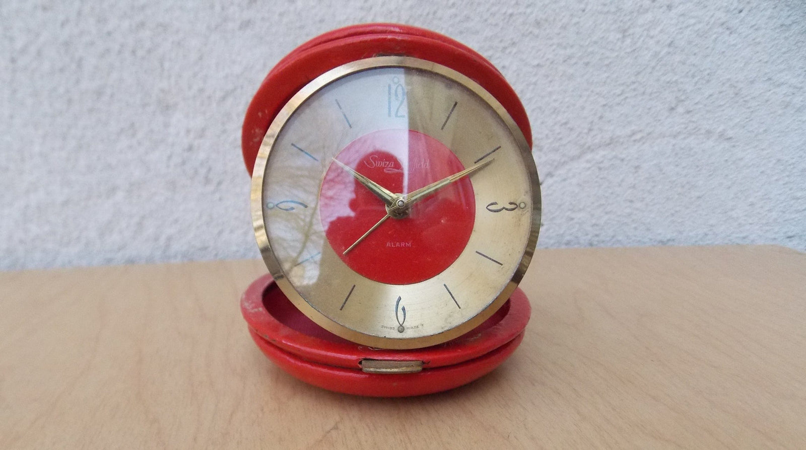 I Like Mike's Mid Century Modern Clock Swiza Sheifield Brass Red Leather Round Travel Clock, Wind Up