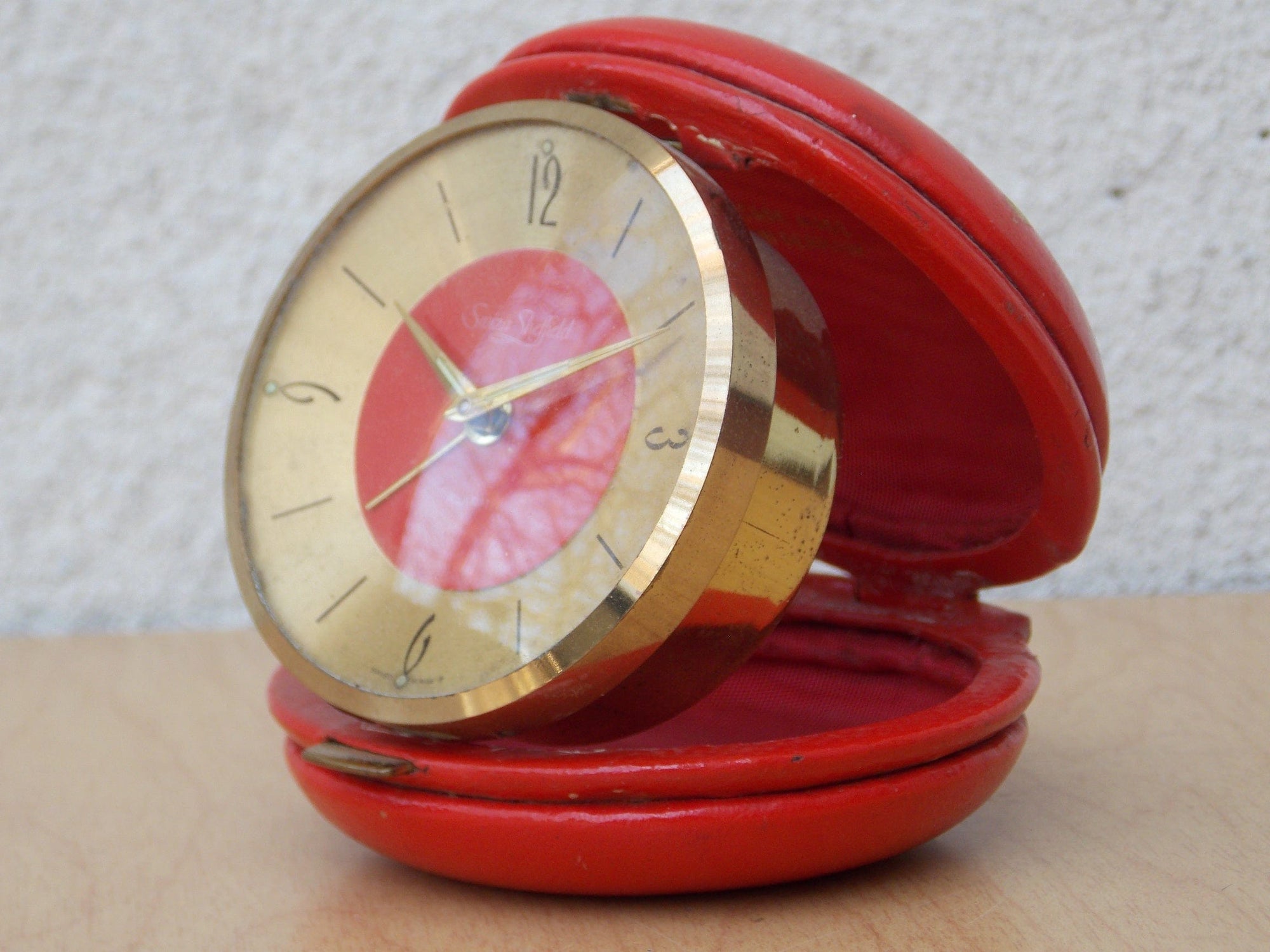 I Like Mike's Mid Century Modern Clock Swiza Sheifield Brass Red Leather Round Travel Clock, Wind Up