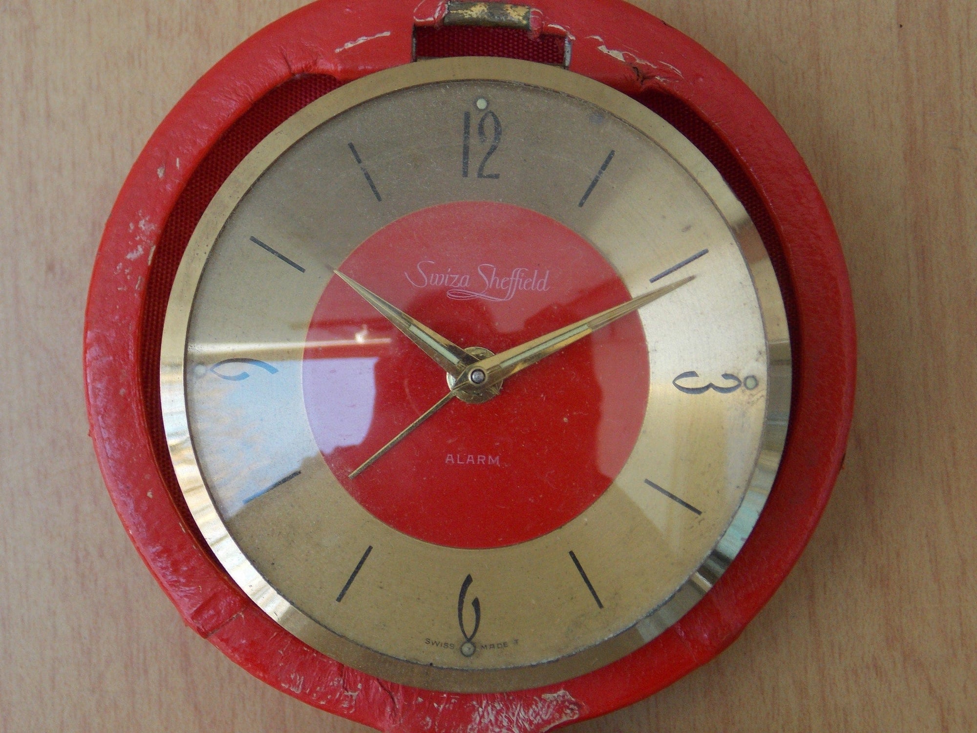 I Like Mike's Mid Century Modern Clock Swiza Sheifield Brass Red Leather Round Travel Clock, Wind Up