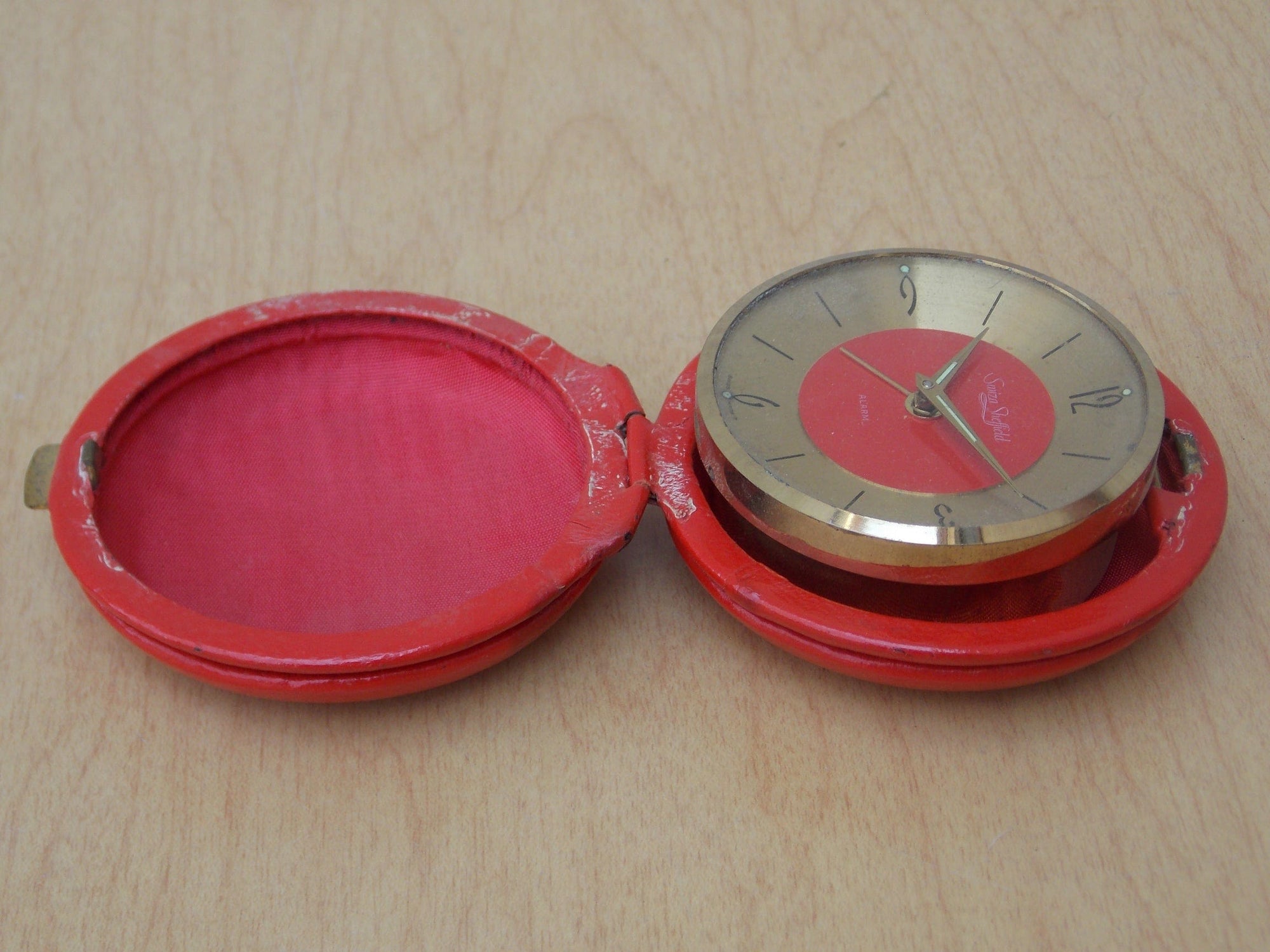 I Like Mike's Mid Century Modern Clock Swiza Sheifield Brass Red Leather Round Travel Clock, Wind Up