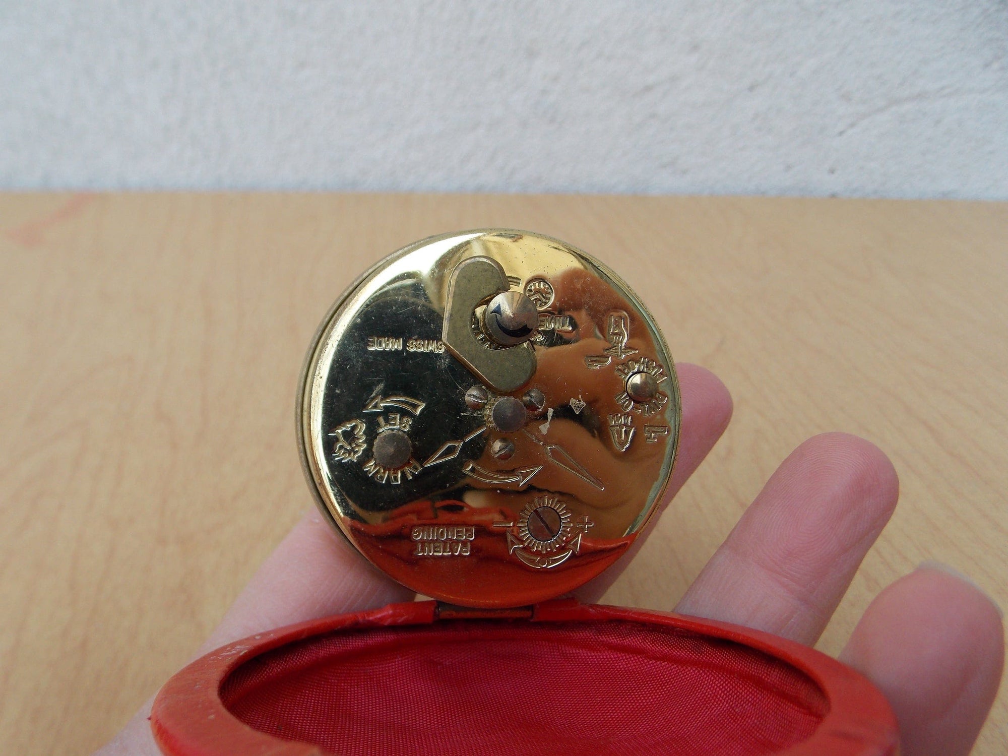 I Like Mike's Mid Century Modern Clock Swiza Sheifield Brass Red Leather Round Travel Clock, Wind Up