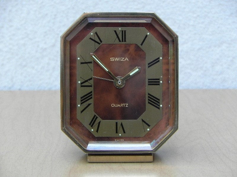 I Like Mike's Mid Century Modern Clock Swiza Small Quartz Brass Desk Clock with Brown Face