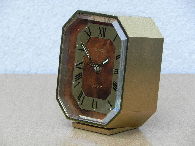 I Like Mike's Mid Century Modern Clock Swiza Small Quartz Brass Desk Clock with Brown Face