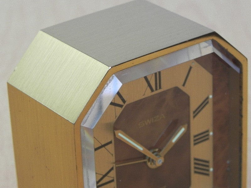 I Like Mike's Mid Century Modern Clock Swiza Small Quartz Brass Desk Clock with Brown Face