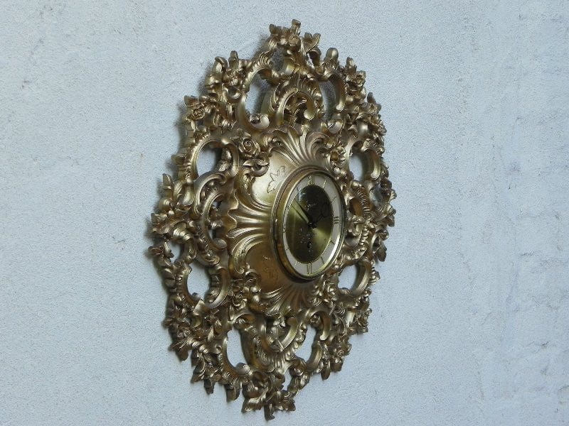 I Like Mike's Mid Century Modern Clock Syroco Gold Resin Rococo Wall Clock