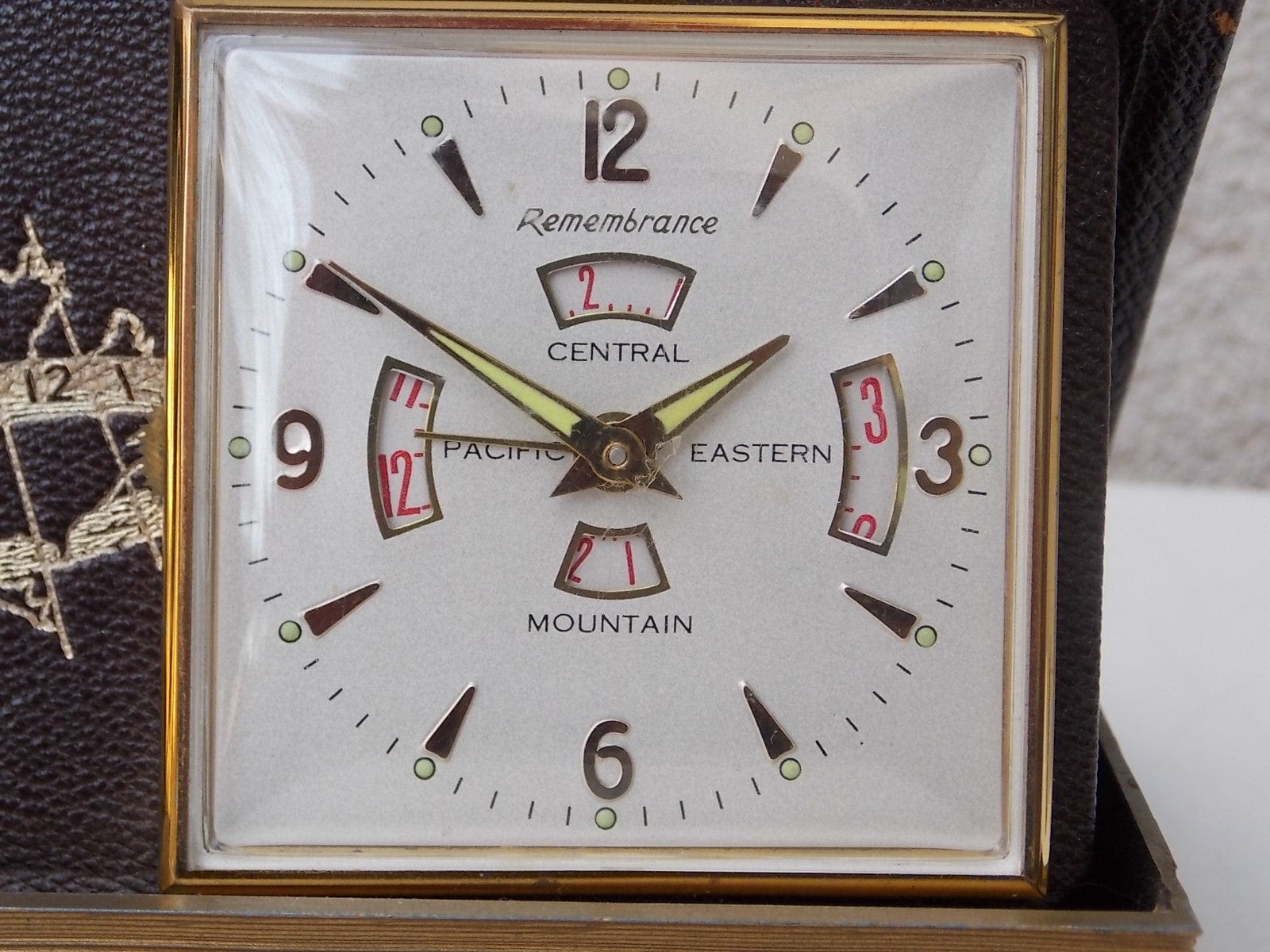 I Like Mike's Mid Century Modern Clock "The Four Zone" Book Style Travel Clock by Remembrance, Swiss Made