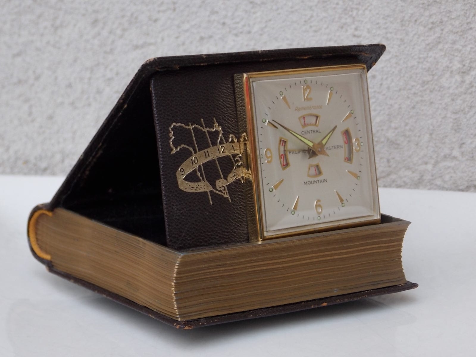 I Like Mike's Mid Century Modern Clock "The Four Zone" Book Style Travel Clock by Remembrance, Swiss Made