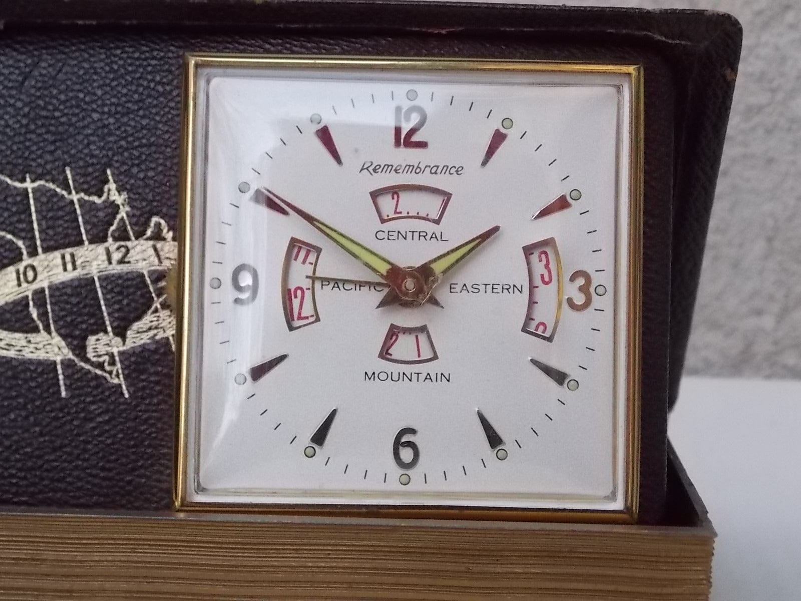 I Like Mike's Mid Century Modern Clock "The Four Zone" Book Style Travel Clock by Remembrance, Swiss Made
