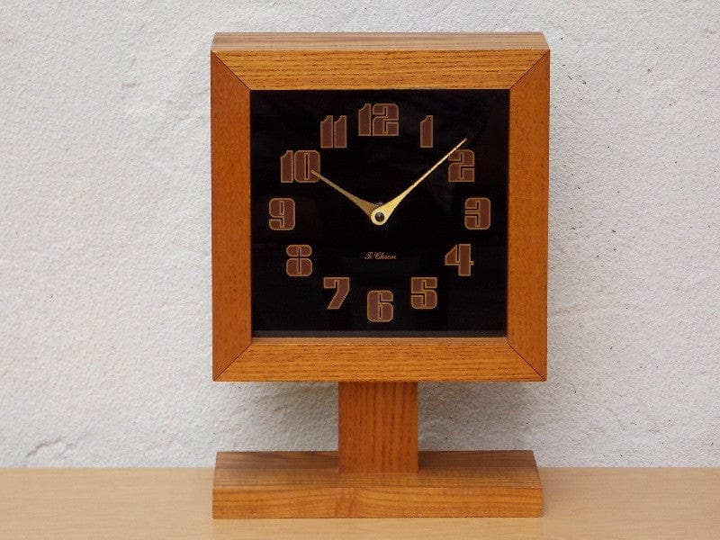 I Like Mike's Mid-Century Modern Clock Ti-Chron Square Oak Black Mantel Clock on Pedestal