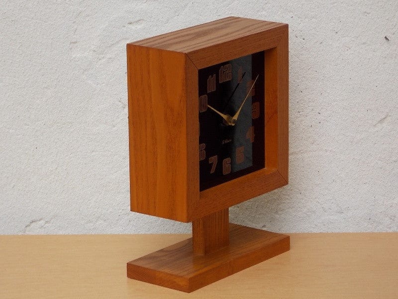 I Like Mike's Mid-Century Modern Clock Ti-Chron Square Oak Black Mantel Clock on Pedestal