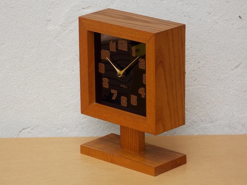 I Like Mike's Mid-Century Modern Clock Ti-Chron Square Oak Black Mantel Clock on Pedestal