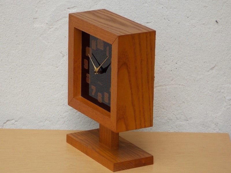 I Like Mike's Mid-Century Modern Clock Ti-Chron Square Oak Black Mantel Clock on Pedestal