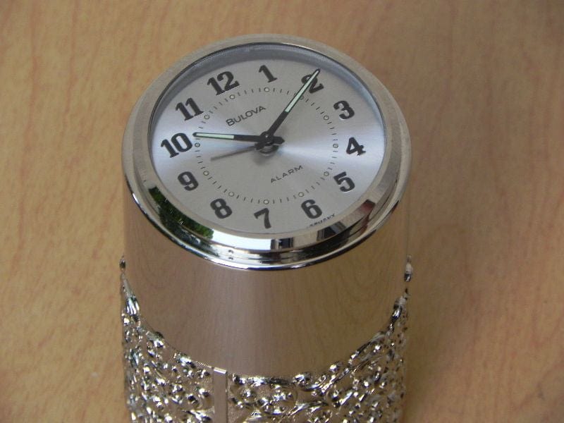 I Like Mike's Mid-Century Modern Clock Vintage Bulova Silver Cylindrical Desk Alarm Clock with Compartment