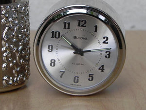 I Like Mike's Mid-Century Modern Clock Vintage Bulova Silver Cylindrical Desk Alarm Clock with Compartment