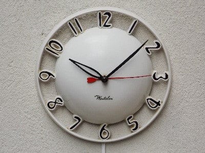 I Like Mike's Mid Century Modern Clock Westclox Atomic White Melody Round Dome Wall Clock, with small crack