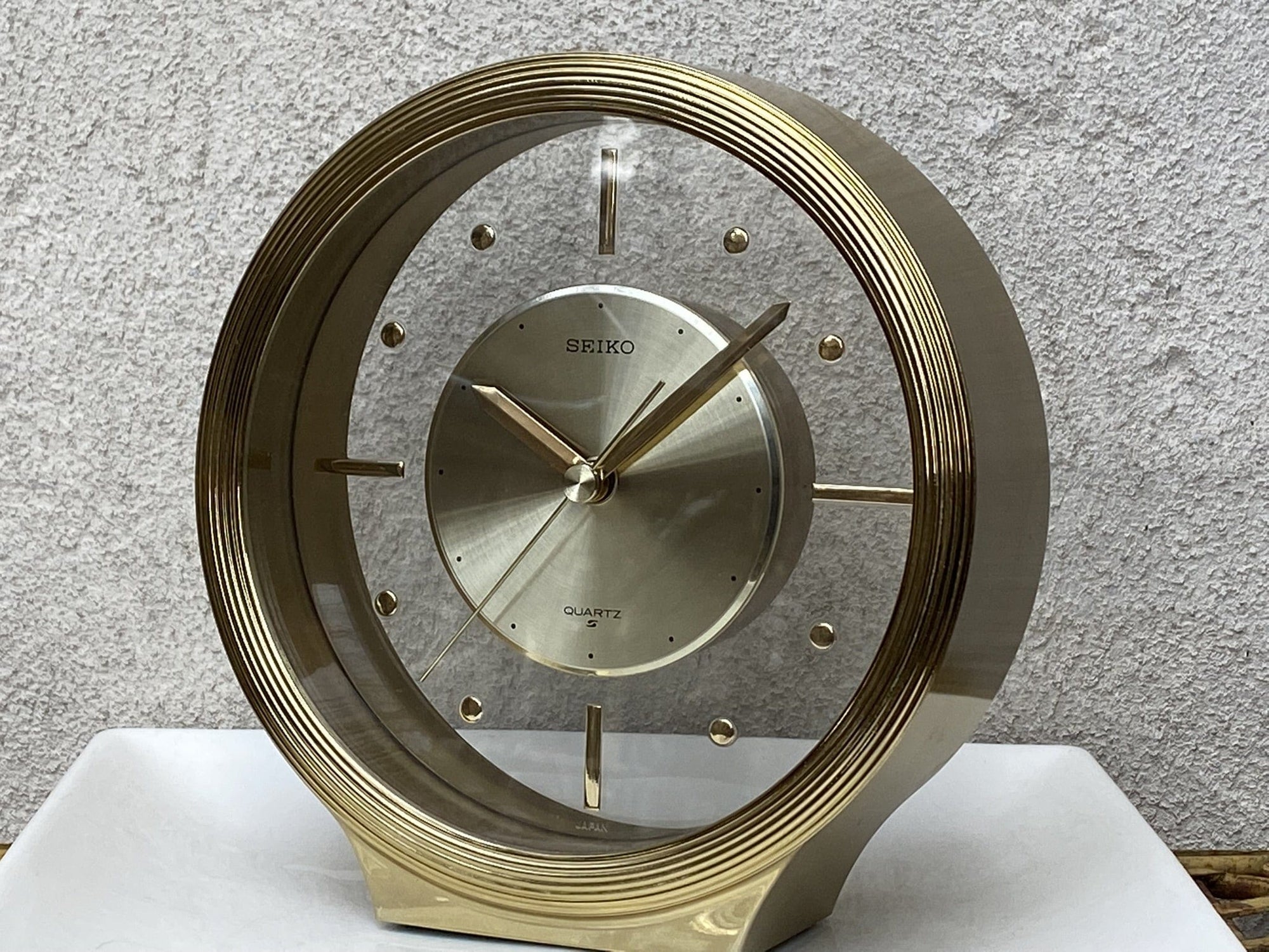 I Like Mike's Mid Century Modern Desk & Shelf Clocks Seiko Round Brass Floating Desk or Mantle Clock